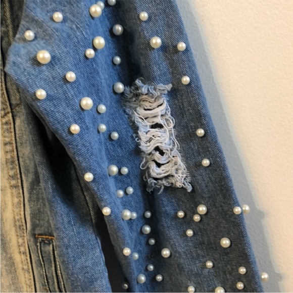 Live a Little Faux Pearl Studded Distressed Jean Jacket - Picture 3 of 7